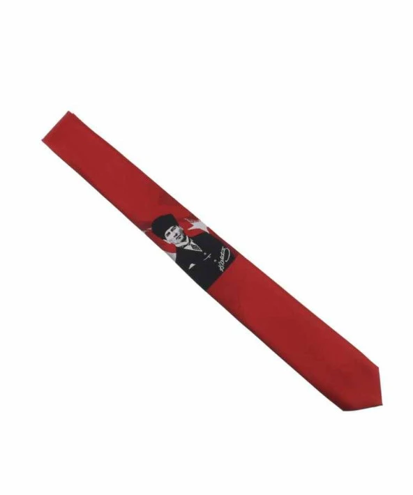 Atatürk ve İmza Desenli Dokuma Kırmızı Kravat - AK-14 ürün görseli 1