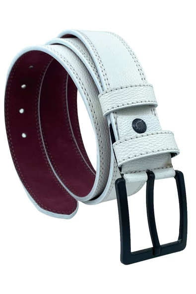 Beyaz Suni Deri Çift Dikişli Damar Desenli Model 4 cm.lik Spor Kemer - 9016-11 ürün görseli 1