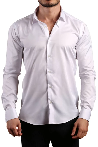 Beyaz 8 Drop Ekstra Uzun Kol Dar Kesim Micro Kumaş Kol Düğmeli Slim Fit Erkek Gömlek - 197-1 ürün görseli 1