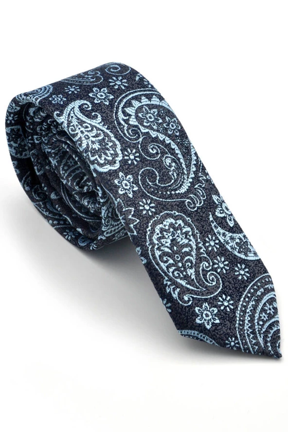 Mavi Şal Desenli Lacivert Dokuma Kumaş Mendilli Slim Fit Kravat  / SDK-230205 ürün görseli 1