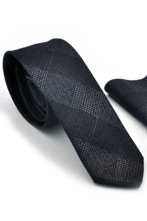 Gri Siyah Ekose Desenli Dokuma Kumaş Mendilli Slim Fit Kravat  / SDK-220707 ürün görseli 1