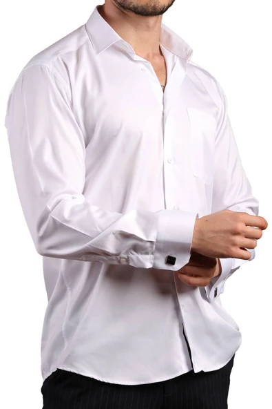 Beyaz Büyük Beden Rahat Kesim Micro Kumaş Kol Düğmeli Regular Fit Erkek Gömlek - 190-1 ürün görseli 1