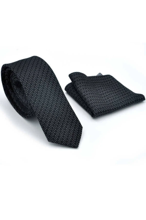 Beyaz Noktalı Verev Çizgili Siyah Dokuma Kumaş Mendilli Slim Fit Kravat  / SDK-220712 ürün görseli 1