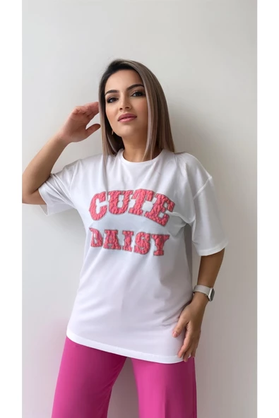 Kabartmalı Cute Daisy Tişört Ekru Pembe - Resim 5