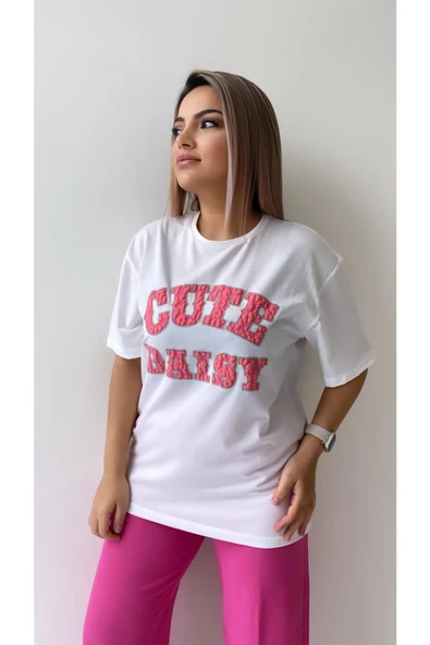Kabartmalı Cute Daisy Tişört Ekru Pembe - Resim 4