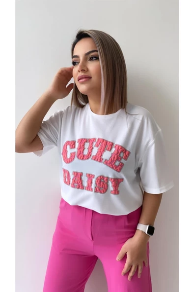 Kabartmalı Cute Daisy Tişört Ekru Pembe - Resim 2