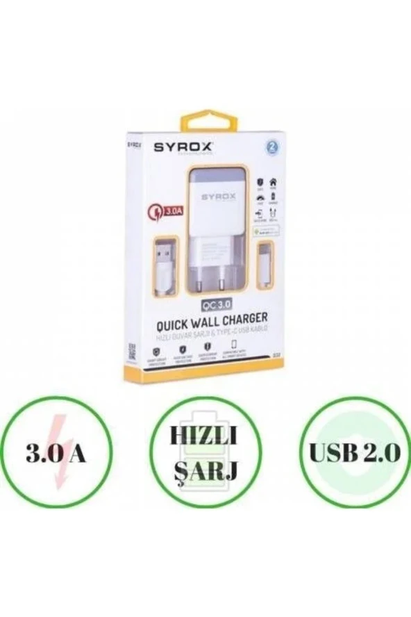 UMUT BİLİŞİM_Huawei P20 Uyumlu Type-C Girişli Hızlı Şarj Aleti Cihazı Adaptör+Kablo 3.0A Q32 ürün görseli 1