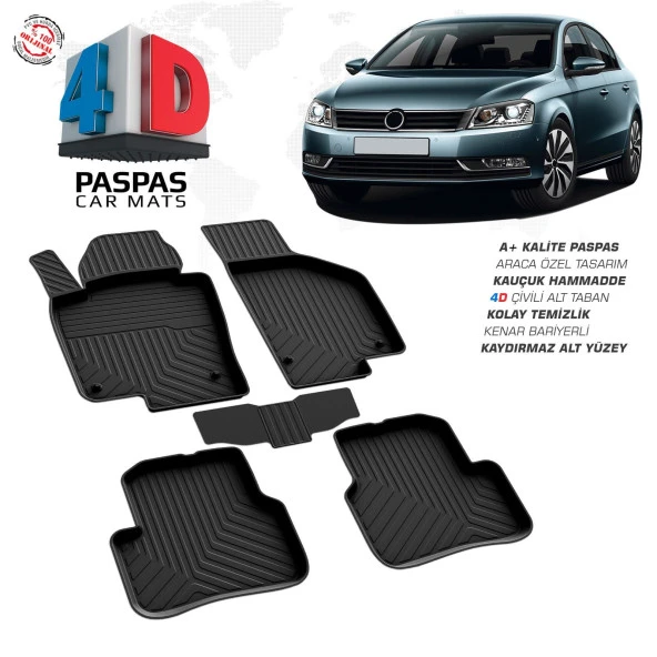 VW Passat B7 4D Araca Özel Havuzlu Kauçuk Paspas 2011-2014 ürün görseli 1