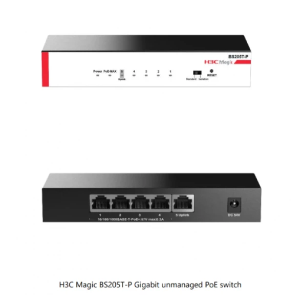 H3C Magic BS205T-P, 5 Port, GigaBit, 4 Port PoE, 57W, +1 Port GigaBit Uplink, Metal Kasa, Yönetilemez, Masaüstü Switch ürün görseli 1