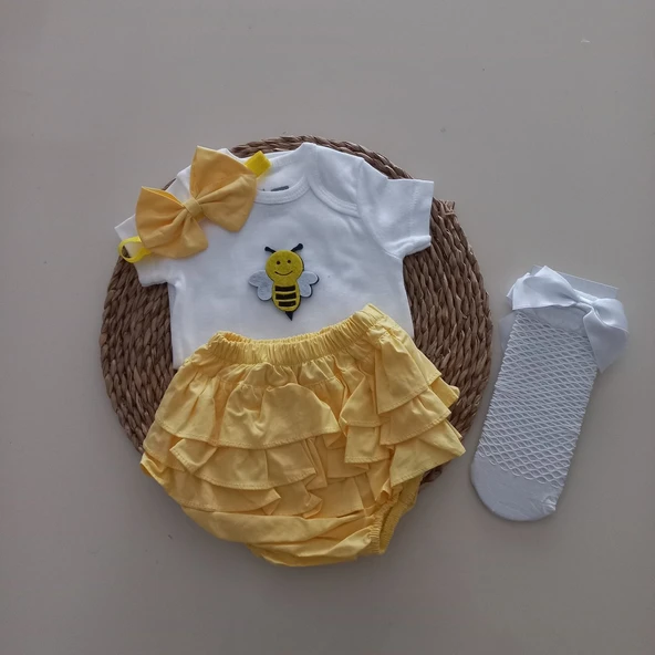 MARS BABY Kız Bebek Sarı Arılı Fırfır Şort Etek Bodyli Beyaz File Takımı ürün görseli 1