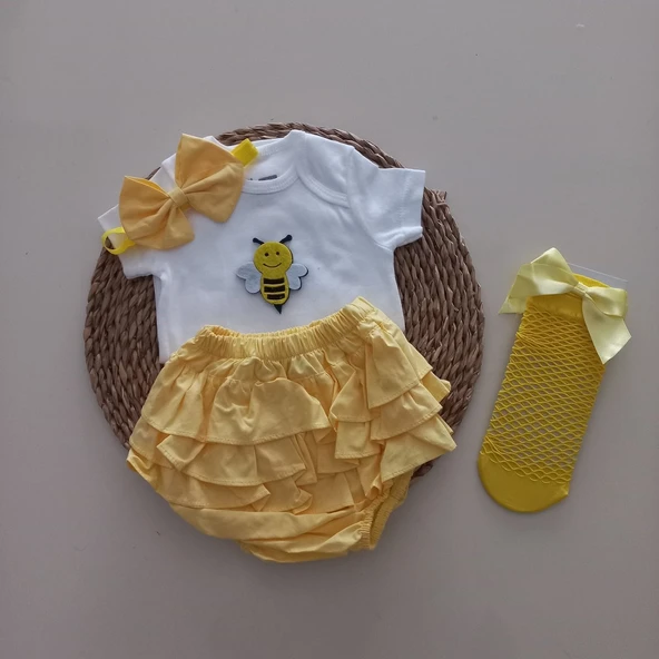 MARS BABY Kız Bebek Sarı Arılı Fırfır Şort Etek Bodyli Sarı File Takımı ürün görseli 1