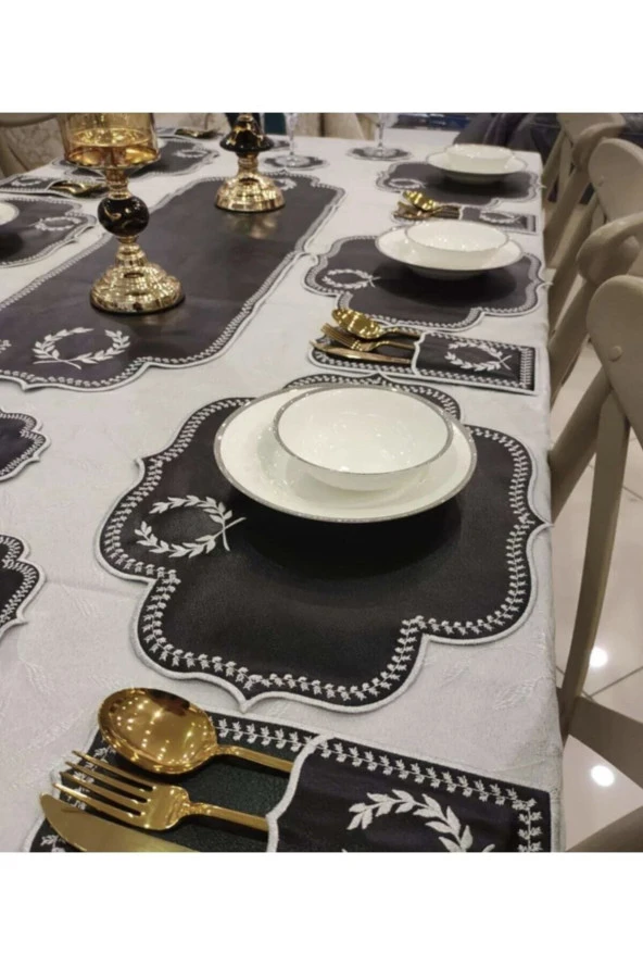 Başak Siyah Gümüş 12 Kişilik 37 Parça Runner Seti Yemek Sunum Takımı Masa Örtüsü Nakışlı Deri ürün görseli 1