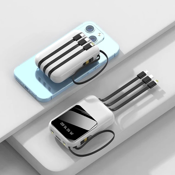 eNeRX Powerbank 10000 mAh 2.0 Amper Dahili Kablolu ENR-P10DC Beyaz ürün görseli 1