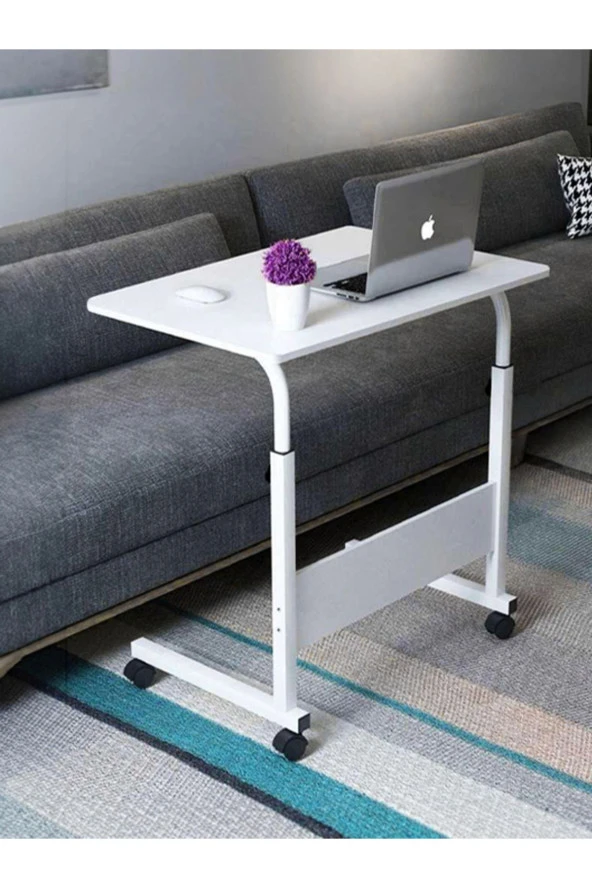 servetavcı Yükseklik Ayarlı Laptop Sehpası Ve Çalışma Masası - Beyaz (Tekerli) Oval Kenar - 70X40 ürün görseli 1