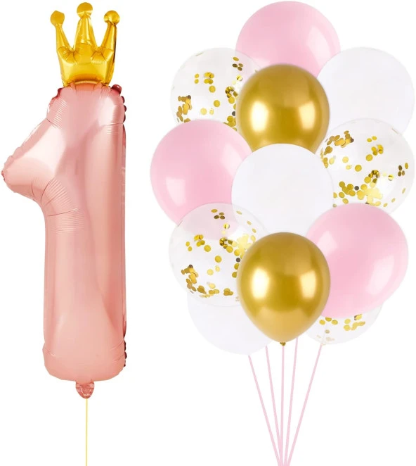 Taçlı 1 Rakam Pembe Folyo Balon Seti ürün görseli 1