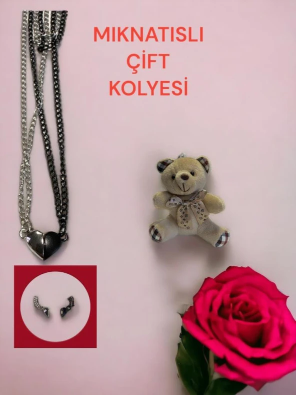 Mıknatıslı Çift Ruh İkizi Gümüş Kaplama Taşlı Kolye Anneler ve Sevgililer Günü Peluş Ayıcık Hediye ürün görseli 1