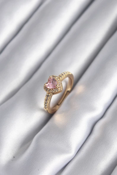 Pirinç Gold Renk Pembe Zirkon Taş Kalp Charm Model Kadın Yüzük TJ-BYK2957 ürün görseli 1