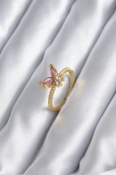 Gold Renk Pembe Zirkon Taşlı Kelebek Model Kadın Yüzük TJ-BYK2842 ürün görseli 1