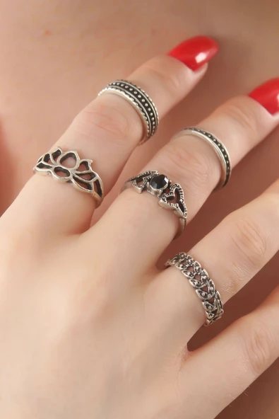 Gümüş Renk Lotus Model Siyah Kristal Taş Detay Bayan Yüzük Kombin TJ-BYK2740 ürün görseli 1