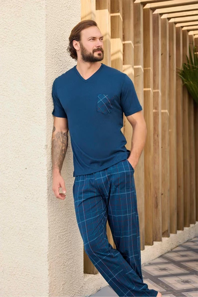 Aydoğan Erkek Tuna Kısa Kol Cotton Petrol Pijama Takımı 240322 ürün görseli 1