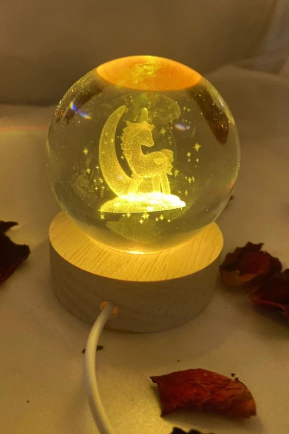 3D Led Işık Cam Küre Çok Işıklı Ahşap Unicorn 6 cm ürün görseli 1
