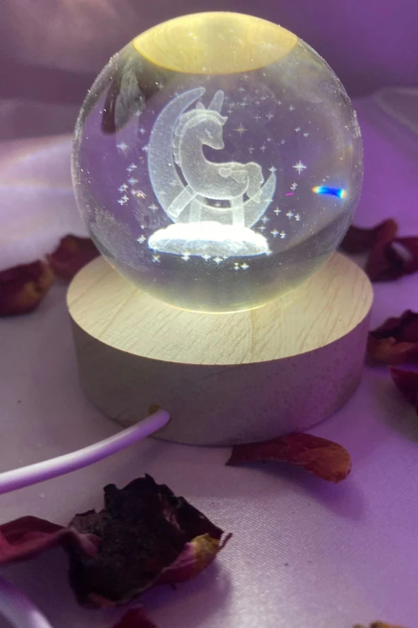 3D Led Işık Cam Küre Tek Renk Günışığı Ahşap Unicorn 6 Cm ürün görseli 1