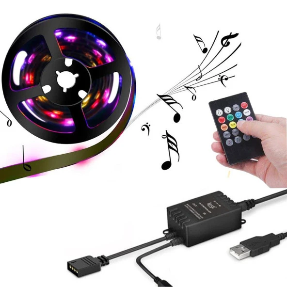 UpWay 5V USB 100cm RGB Şerit LED 3 Çipli SMD5050-30LED Ses Sensörlü Kumandalı ürün görseli 1