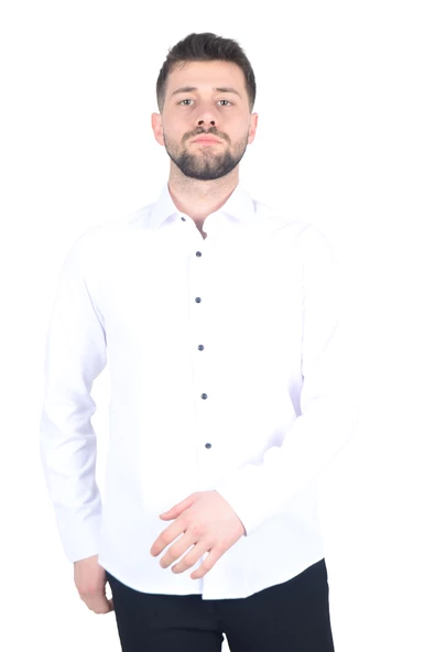 Cengiz İnler Yaka Düğmeli Pamuk Saten Slim Fit Düz Erkek Gömlek ürün görseli 1
