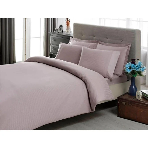 Taç Premium Basic Stripe King Size Saten Nevresim Takımı Lila ürün görseli 1