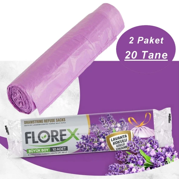 Florex 40 Litre Büzgülü Lavanta Kokulu Çöp Torbası Poşeti  55 x 60 cm  10 Adetlik 2 Rulo ürün görseli 1