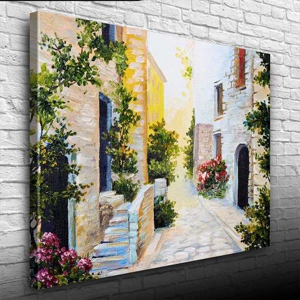 Taş Evler Ve Çiçekli Yol Yağlıboya Kanvas Tablo 50 x 70 ürün görseli 1
