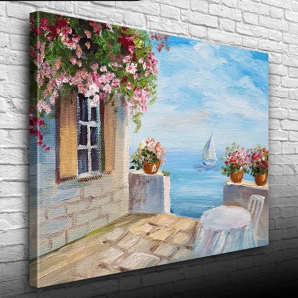 Taş Balkon, Deniz ve Yelkenli Yağlıboya Kanvas Tablo 50 x 70 ürün görseli 1
