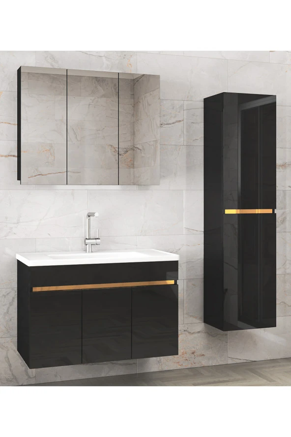 Alfa Banyo Viola3 S-Siyah 100+35 cm MDF-Aynalı Seramik Lavabolu Banyo Dolabı Takımı-HAZIR KURULU- ürün görseli 1