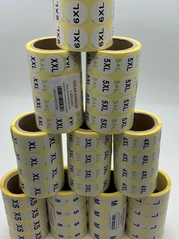 BEDEN ETİKETİ 20 MM YUVARLAK BASKILI ( XS,S,M,L,XL,2XL,3XL,4XL,5XL,6XL) ARASI 1000 ADET ürün görseli 1