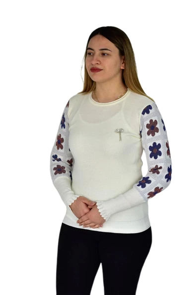 Kadın Triko Papatyalı Kazak BGL-ST03357 - Resim 5