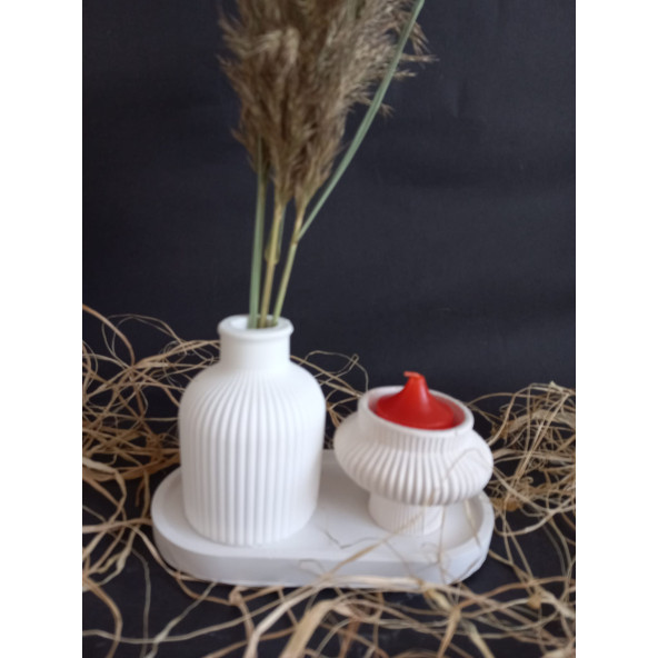 TABAKLI MUMLUK VAZO SET BEYAZ - Resim 2