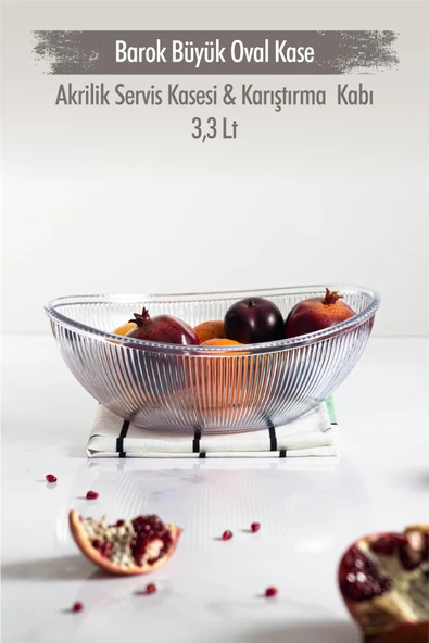 Akrilik Barok Şeffaf Büyük Oval Meyve & Salata Kasesi & Karıştırma Kabı / 3,3 Lt  (CAM DEĞİLDİR) ürün görseli 1