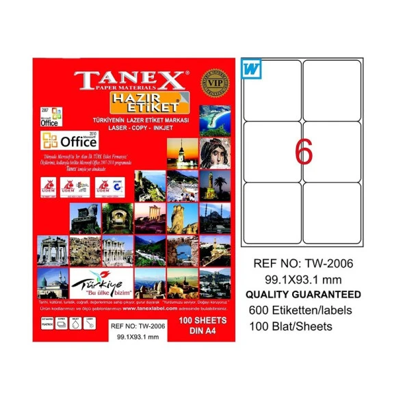 TANEX 2006 LASER ETİKET 99x93mm 6x100 600 ADET ürün görseli 1
