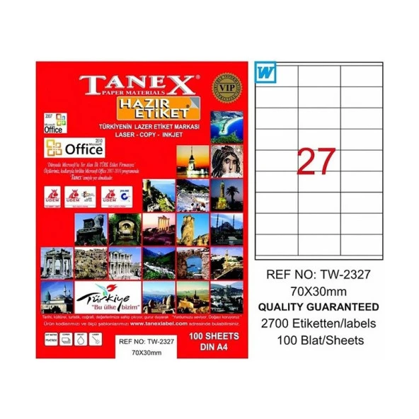 TANEX 2327 LASER ETİKET 70x30mm 27x100 2700 ADET ürün görseli 1