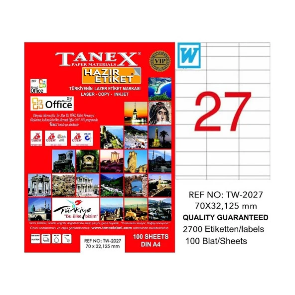 TANEX 2027 LASER ETİKET 70x32mm 27x100 2700 ADET ürün görseli 1