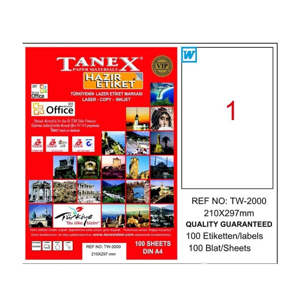 TANEX 2000 LASER ETİKET 210x297mm 1x100 100 ADET ürün görseli 1