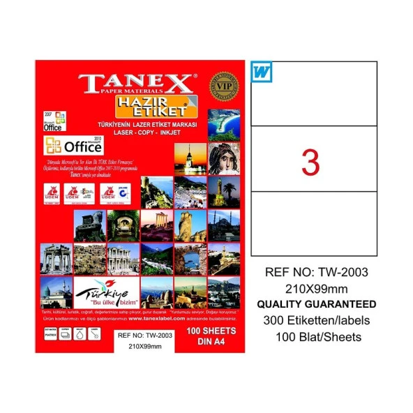 TANEX 2003 LASER ETİKET 210x99mm 1x3 300 ADET ürün görseli 1