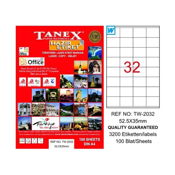 TANEX 2032 LASER ETİKET 52x35mm 32x100 3200 ADET ürün görseli 1