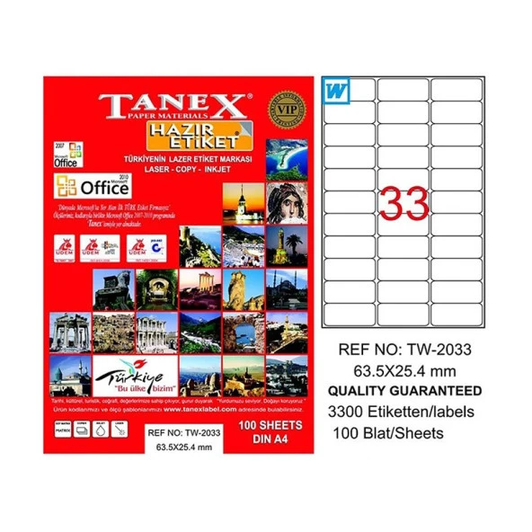 TANEX 2033 LASER ETİKET 63x25mm 33x100 3300 ADET ürün görseli 1