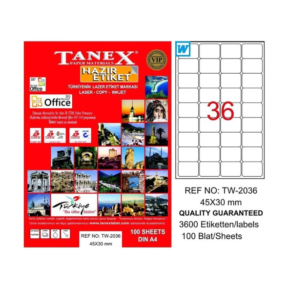 TANEX 2036 LASER ETİKET 45x30mm 36x100 3600 ADET ürün görseli 1