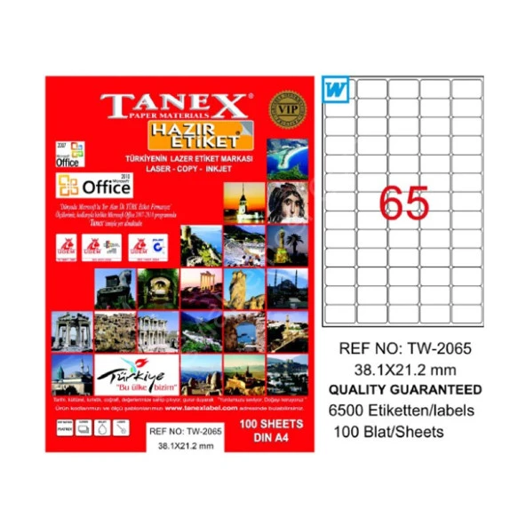 TANEX 2065 LASER ETİKET 38x21mm 65x100 6500 ADET ürün görseli 1