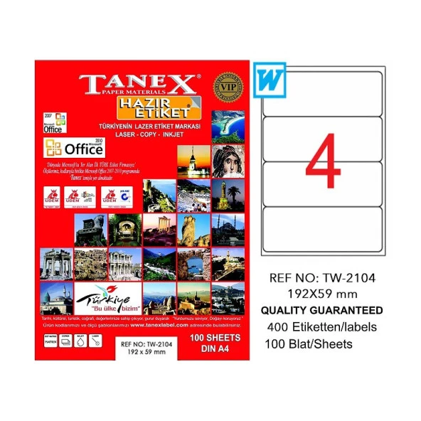 TANEX 2104 LASER ETİKET 192x59mm 4x100 400 ADET ürün görseli 1