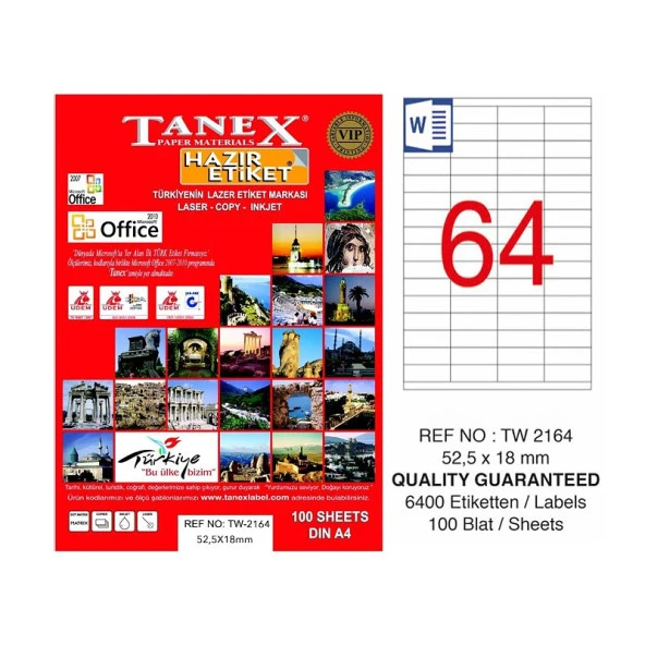 TANEX 2164 LASER ETİKET 52x18mm 64x100 6400 ADET ürün görseli 1