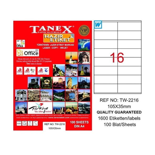 TANEX 2216 LASER ETİKET 105x35mm 16x100 1600 ADET ürün görseli 1