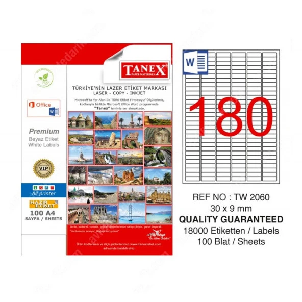 TANEX 2060 LASER ETİKET 30x9mm 180x100 18000 ADET ürün görseli 1